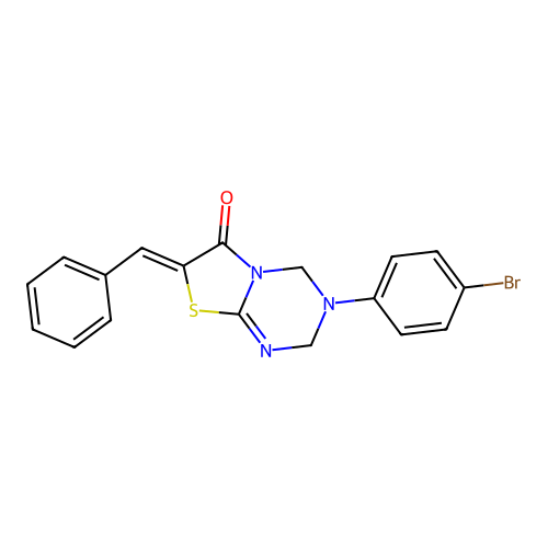 (7Z)-7-benzylidene-3-(4-bromophenyl)-2,4-dihydro-[1,3]thiazolo[3,2-a][1,3,5]triazin-6-one structure