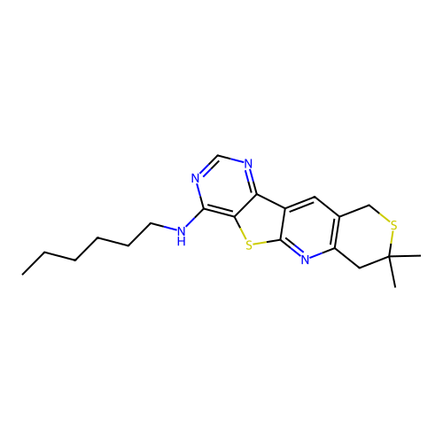 N-hexyl-8,8-dimethyl-7,10-dihydro-8H-thiopyrano[3'',4'':5',6']pyrido[3',2':4,5]thieno[3,2-d]pyrimidin-4-amine structure