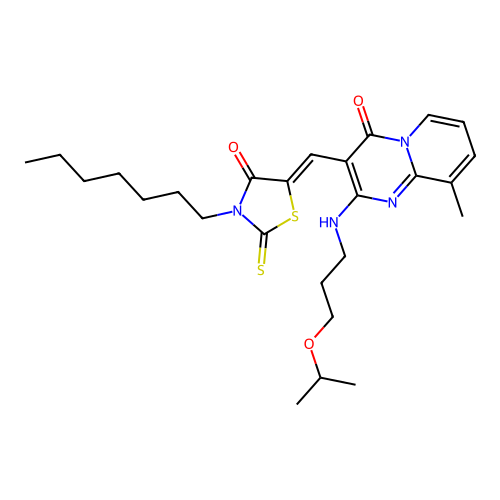 3-[(Z)-(3-heptyl-4-oxo-2-thioxo-1,3-thiazolidin-5-ylidene)methyl]-9-methyl-2-{[3-(propan-2-yloxy)propyl]amino}-4H-pyrido[1,2-a]pyrimidin-4-one structure