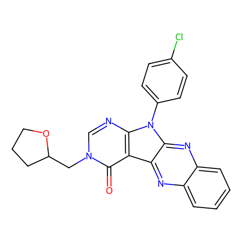 11-(4-chlorophenyl)-3-((tetrahydrofuran-2-yl)methyl)-3H-pyrimido[5',4':4,5]pyrrolo[2,3-b]quinoxalin-4(11H)-one structure