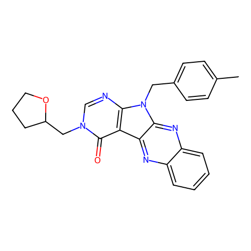 11-(4-methylbenzyl)-3-((tetrahydrofuran-2-yl)methyl)-3H-pyrimido[5',4':4,5]pyrrolo[2,3-b]quinoxalin-4(11H)-one structure
