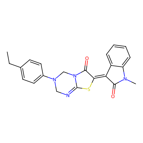 (7Z)-3-(4-ethylphenyl)-7-(1-methyl-2-oxo-1,2-dihydro-3H-indol-3-ylidene)-3,4-dihydro-2H-[1,3]thiazolo[3,2-a][1,3,5]triazin-6(7H)-one structure