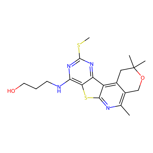3-((2,2,5-trimethyl-10-(methylthio)-2,4-dihydro-1H-pyrano[4'',3'':4',5']pyrido[3',2':4,5]thieno[3,2-d]pyrimidin-8-yl)amino)propan-1-ol structure