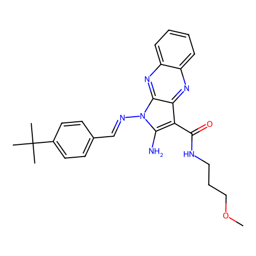 (E)-2-amino-1-((4-(tert-butyl)benzylidene)amino)-N-(3-methoxypropyl)-1H-pyrrolo[2,3-b]quinoxaline-3-carboxamide structure