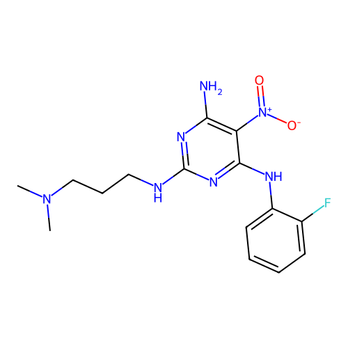 [3-({4-amino-6-[(2-fluorophenyl)amino]-5-nitropyrimidin-2-yl}amino)propyl]dime thylamine structure