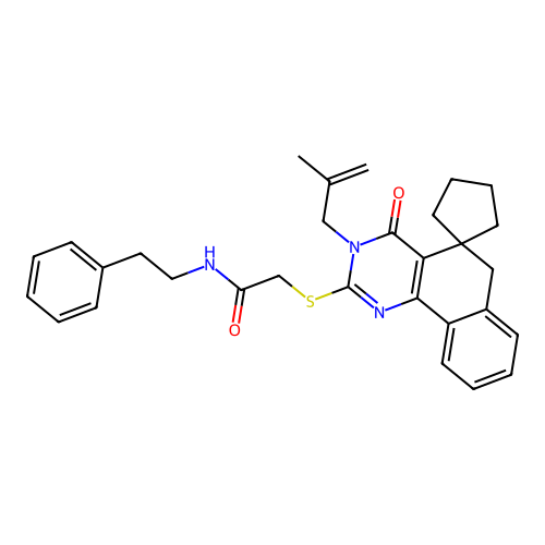 2-((3-(2-methylallyl)-4-oxo-4,6-dihydro-3H-spiro[benzo[h]quinazoline-5,1'-cyclopentan]-2-yl)thio)-N-phenethylacetamide structure