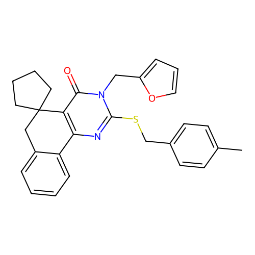 3-(furan-2-ylmethyl)-2-((4-methylbenzyl)thio)-3H-spiro[benzo[h]quinazoline-5,1'-cyclopentan]-4(6H)-one structure