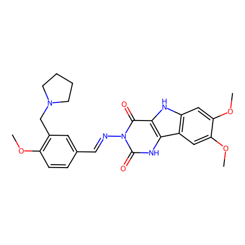(E)-7,8-dimethoxy-3-((4-methoxy-3-(pyrrolidin-1-ylmethyl)benzylidene)amino)-1H-pyrimido[5,4-b]indole-2,4(3H,5H)-dione structure
