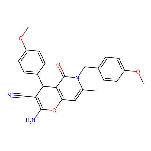 2-amino-6-(4-methoxybenzyl)-4-(4-methoxyphenyl)-7-methyl-5-oxo-5,6-dihydro-4H-pyrano[3,2-c]pyridine-3-carbonitrile structure