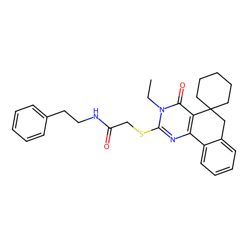 2-((3-ethyl-4-oxo-4,6-dihydro-3H-spiro[benzo[h]quinazoline-5,1'-cyclohexan]-2-yl)thio)-N-phenethylacetamide structure
