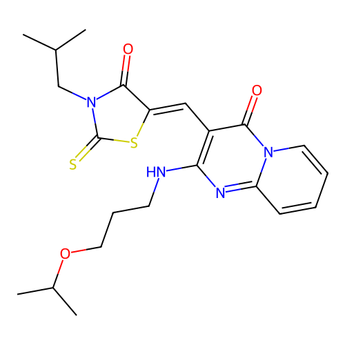 (Z)-3-isobutyl-5-((2-((3-isopropoxypropyl)amino)-4-oxo-4H-pyrido[1,2-a]pyrimidin-3-yl)methylene)-2-thioxothiazolidin-4-one structure