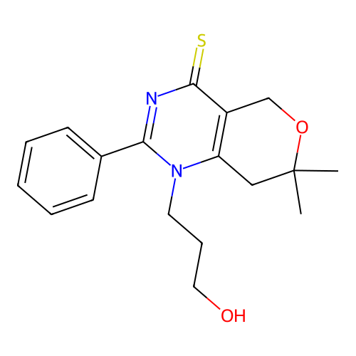 1-(3-hydroxypropyl)-7,7-dimethyl-2-phenyl-7,8-dihydro-1H-pyrano[4,3-d]pyrimidine-4(5H)-thione structure