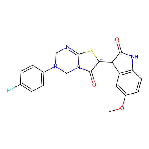 (7Z)-3-(4-fluorophenyl)-7-(5-methoxy-2-oxo-1,2-dihydro-3H-indol-3-ylidene)-3,4-dihydro-2H-[1,3]thiazolo[3,2-a][1,3,5]triazin-6(7H)-one structure