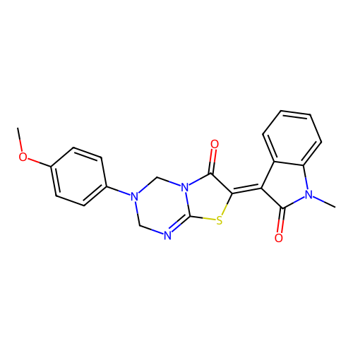 (7Z)-3-(4-methoxyphenyl)-7-(1-methyl-2-oxo-1,2-dihydro-3H-indol-3-ylidene)-3,4-dihydro-2H-[1,3]thiazolo[3,2-a][1,3,5]triazin-6(7H)-one structure