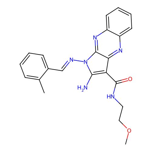 (E)-2-amino-N-(2-methoxyethyl)-1-((2-methylbenzylidene)amino)-1H-pyrrolo[2,3-b]quinoxaline-3-carboxamide structure