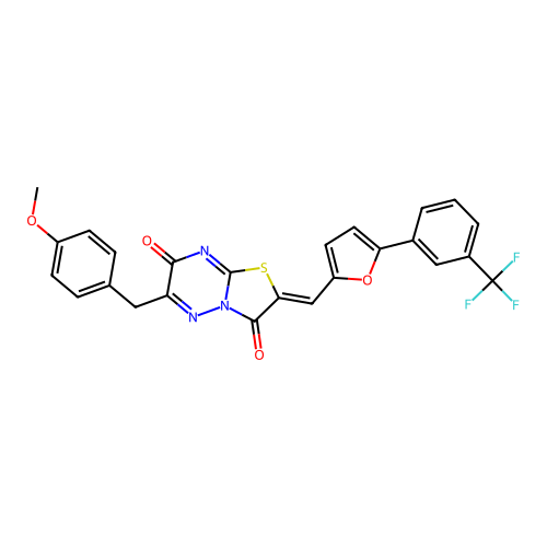 (2Z)-6-(4-methoxybenzyl)-2-({5-[3-(trifluoromethyl)phenyl]furan-2-yl}methylidene)-7H-[1,3]thiazolo[3,2-b][1,2,4]triazine-3,7(2H)-dione structure