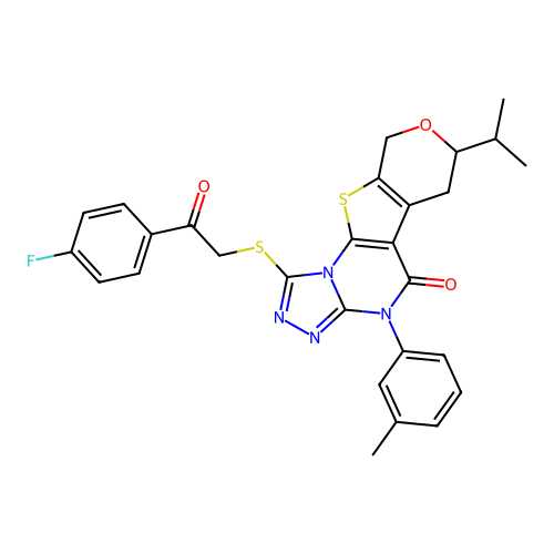 1-((2-(4-fluorophenyl)-2-oxoethyl)thio)-7-isopropyl-4-(m-tolyl)-6,7-dihydro-4H-pyrano[4',3':4,5]thieno[3,2-e][1,2,4]triazolo[4,3-a]pyrimidin-5(9H)-one structure