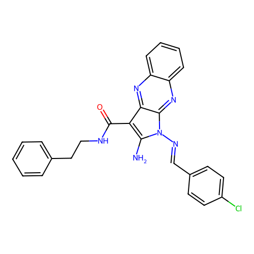 (E)-2-amino-1-((4-chlorobenzylidene)amino)-N-phenethyl-1H-pyrrolo[2,3-b]quinoxaline-3-carboxamide structure