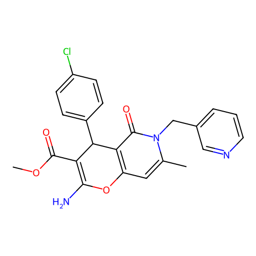 methyl 2-amino-4-(4-chlorophenyl)-7-methyl-5-oxo-6-(pyridin-3-ylmethyl)-5,6-dihydro-4H-pyrano[3,2-c]pyridine-3-carboxylate structure