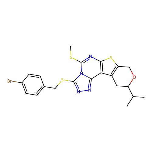 3-((4-bromobenzyl)thio)-10-isopropyl-5-(methylthio)-10,11-dihydro-8H-pyrano[4',3':4,5]thieno[3,2-e][1,2,4]triazolo[4,3-c]pyrimidine structure