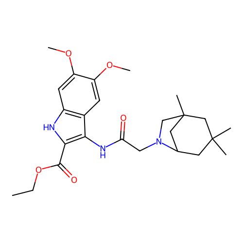ethyl 5,6-dimethoxy-3-(2-((1R,5S)-1,3,3-trimethyl-6-azabicyclo[3.2.1]octan-6-yl)acetamido)-1H-indole-2-carboxylate structure