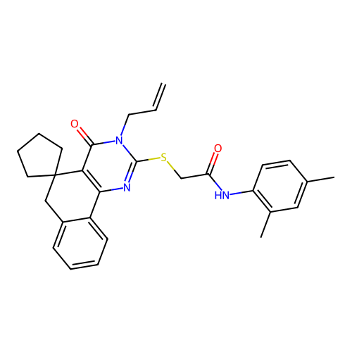 2-((3-allyl-4-oxo-4,6-dihydro-3H-spiro[benzo[h]quinazoline-5,1'-cyclopentan]-2-yl)thio)-N-(2,4-dimethylphenyl)acetamide structure