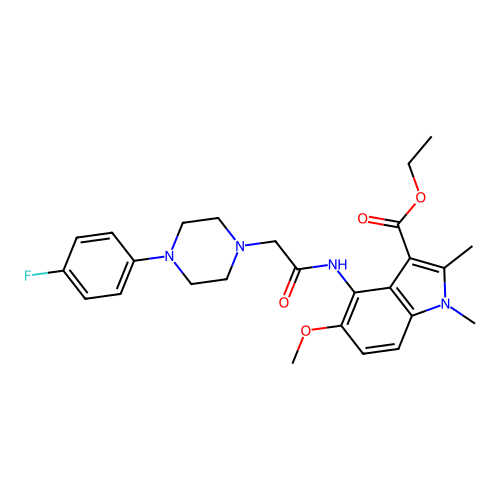 ethyl 4-({[4-(4-fluorophenyl)piperazin-1-yl]acetyl}amino)-5-methoxy-1,2-dimethyl-1H-indole-3-carboxylate structure