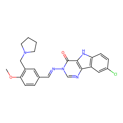 (E)-8-chloro-3-((4-methoxy-3-(pyrrolidin-1-ylmethyl)benzylidene)amino)-3H-pyrimido[5,4-b]indol-4(5H)-one structure