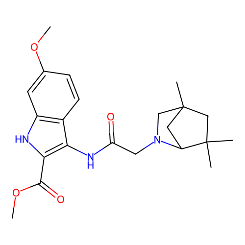 methyl 6-methoxy-3-(2-(4,6,6-trimethyl-2-azabicyclo[2.2.1]heptan-2-yl)acetamido)-1H-indole-2-carboxylate structure
