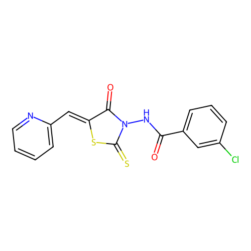 3-chloro-N-[(5Z)-4-oxo-5-(pyridin-2-ylmethylidene)-2-thioxo-1,3-thiazolidin-3-yl]benzamide structure