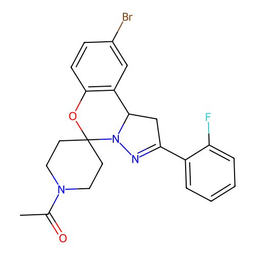 1-(9-bromo-2-(2-fluorophenyl)-1,10b-dihydrospiro[benzo[e]pyrazolo[1,5-c][1,3]oxazine-5,4'-piperidin]-1'-yl)ethanone structure
