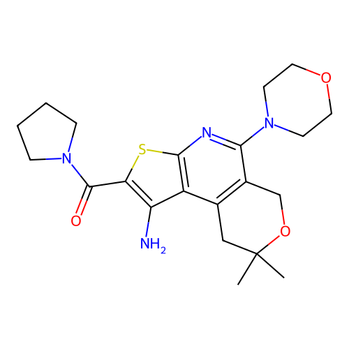 (1-amino-8,8-dimethyl-5-morpholino-8,9-dihydro-6H-pyrano[4,3-d]thieno[2,3-b]pyridin-2-yl)(pyrrolidin-1-yl)methanone structure