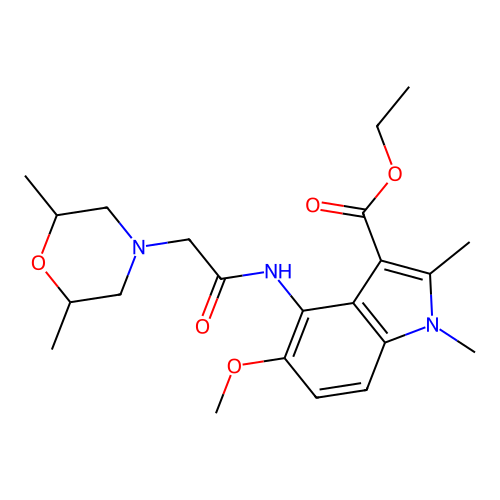 ethyl 4-(2-(2,6-dimethylmorpholino)acetamido)-5-methoxy-1,2-dimethyl-1H-indole-3-carboxylate structure