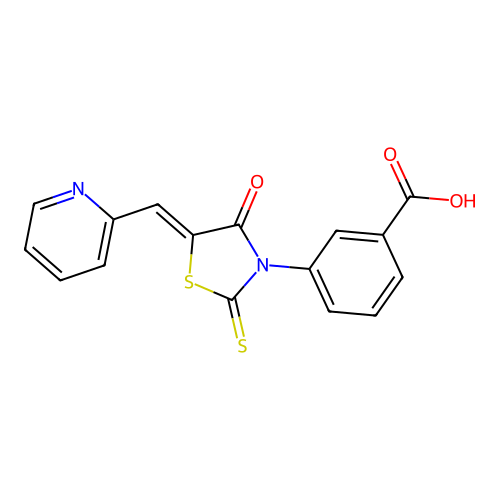 3-[(5Z)-4-oxo-5-(pyridinium-2-ylmethylidene)-2-thioxo-1,3-thiazolidin-3-yl]benzoate structure