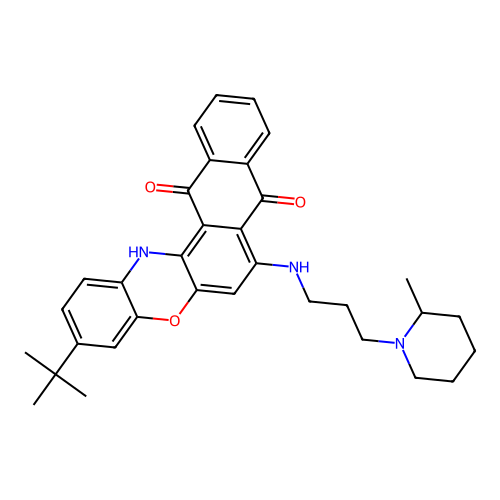 3-(tert-butyl)-7-((3-(2-methylpiperidin-1-yl)propyl)amino)-8H-naphtho[2,3-a]phenoxazine-8,13(14H)-dione structure