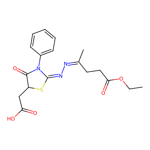 {(2E)-2-[(2Z)-(5-ethoxy-5-oxopentan-2-ylidene)hydrazinylidene]-4-oxo-3-phenyl-1,3-thiazolidin-5-yl}acetic acid structure