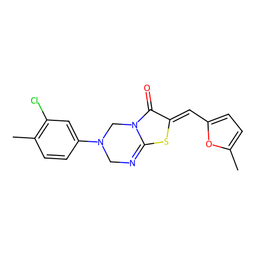 (7Z)-3-(3-chloro-4-methylphenyl)-7-[(5-methylfuran-2-yl)methylidene]-2,4-dihydro-[1,3]thiazolo[3,2-a][1,3,5]triazin-6-one structure