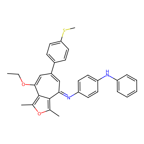 (E)-N1-(8-ethoxy-1,3-dimethyl-6-(4-(methylthio)phenyl)-4H-cyclohepta[c]furan-4-ylidene)-N4-phenylbenzene-1,4-diamine structure