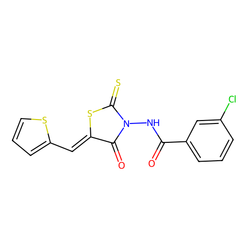 (Z)-3-chloro-N-(4-oxo-5-(thiophen-2-ylmethylene)-2-thioxothiazolidin-3-yl)benzamide structure