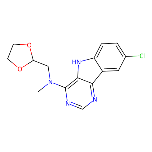 8-chloro-N-(1,3-dioxolan-2-ylmethyl)-N-methyl-5H-pyrimido[5,4-b]indol-4-amine structure