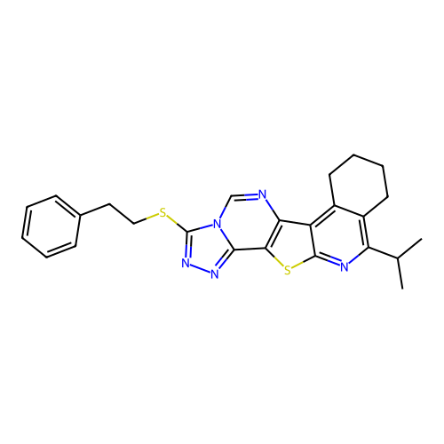 11-isopropyl-3-(phenethylthio)-7,8,9,10-tetrahydro-[1,2,4]triazolo[4'',3'':1',6']pyrimido[4',5':4,5]thieno[2,3-c]isoquinoline structure