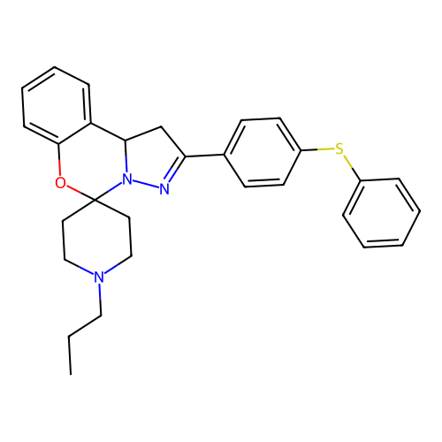 2'-[4-(phenylsulfanyl)phenyl]-1-propyl-1',10b'-dihydrospiro[piperidine-4,5'-pyrazolo[1,5-c][1,3]benzoxazine] structure