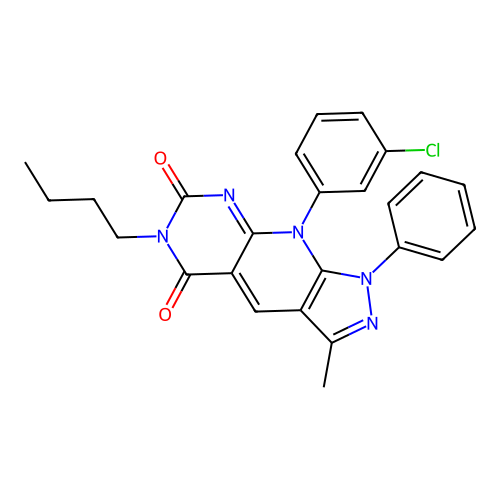 6-butyl-9-(3-chlorophenyl)-3-methyl-1-phenyl-1H-pyrazolo[4',3':5,6]pyrido[2,3-d]pyrimidine-5,7(6H,9H)-dione structure