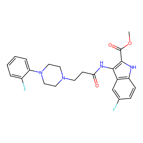 Methyl 5-fluoro-3-[3-[4-(2-fluorophenyl)piperazin-1-yl]propanoylamino]-1H-indole-2-carboxylate structure