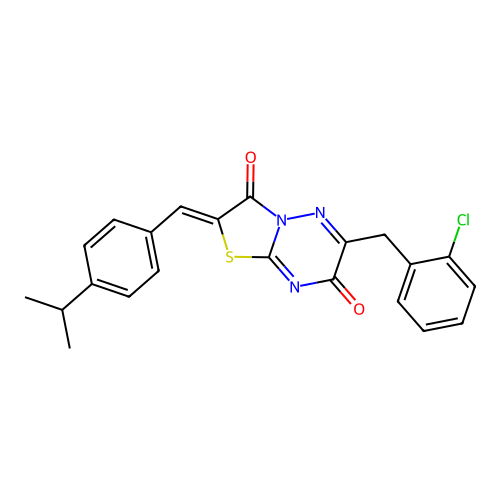 (Z)-6-(2-chlorobenzyl)-2-(4-isopropylbenzylidene)-2H-thiazolo[3,2-b][1,2,4]triazine-3,7-dione structure