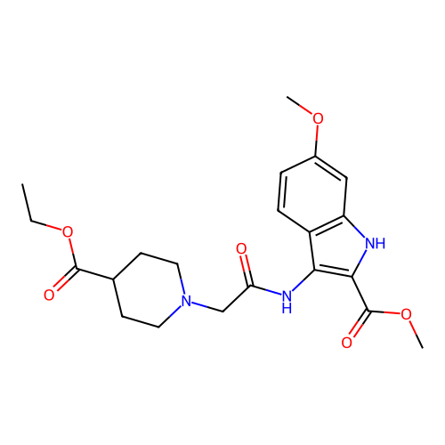 methyl 3-(2-(4-(ethoxycarbonyl)piperidin-1-yl)acetamido)-6-methoxy-1H-indole-2-carboxylate structure