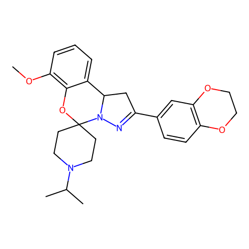 2'-(2,3-dihydro-1,4-benzodioxin-6-yl)-7'-methoxy-1-(propan-2-yl)-1',10b'-dihydrospiro[piperidine-4,5'-pyrazolo[1,5-c][1,3]benzoxazine] structure