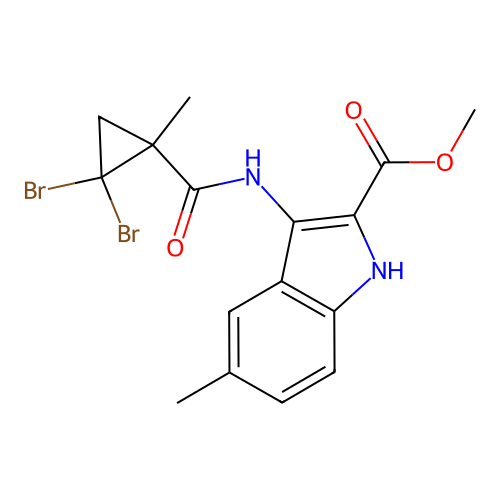 methyl 3-(2,2-dibromo-1-methylcyclopropanecarboxamido)-5-methyl-1H-indole-2-carboxylate structure