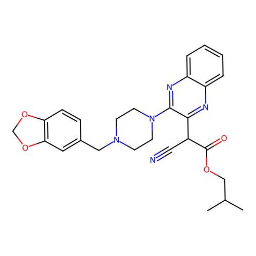 2-methylpropyl {3-[4-(1,3-benzodioxol-5-ylmethyl)piperazin-1-yl]quinoxalin-2-yl}(cyano)acetate structure