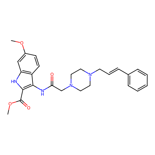 (E)-methyl 3-(2-(4-cinnamylpiperazin-1-yl)acetamido)-6-methoxy-1H-indole-2-carboxylate structure